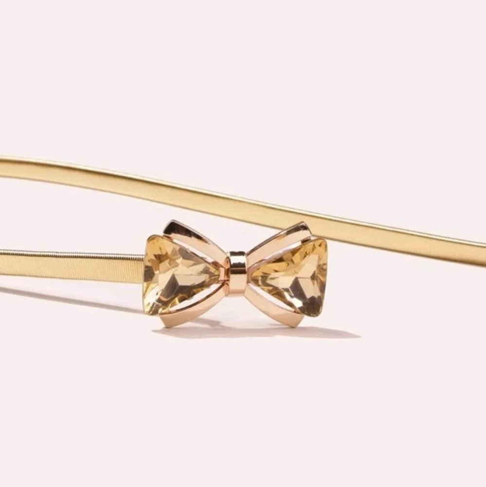 Metallic stretch Gold belt bow buckle waist cinch elegant evening dress - Picture 6 of 10